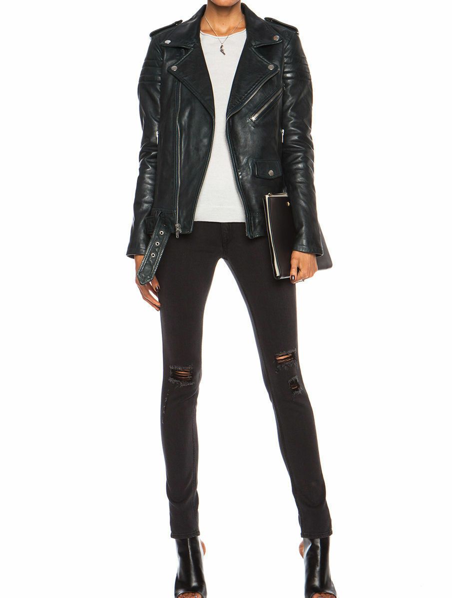 Womens Slim Fit Marlon Brando Belted Motorcycle Black Leather Biker Jacket - LuxurenaMall