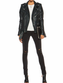 Womens Slim Fit Marlon Brando Belted Motorcycle Black Leather Biker Jacket - LuxurenaMall