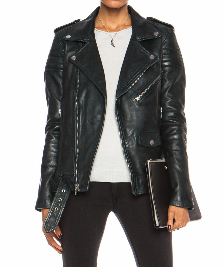 Womens Slim Fit Marlon Brando Belted Motorcycle Black Leather Biker Jacket - LuxurenaMall