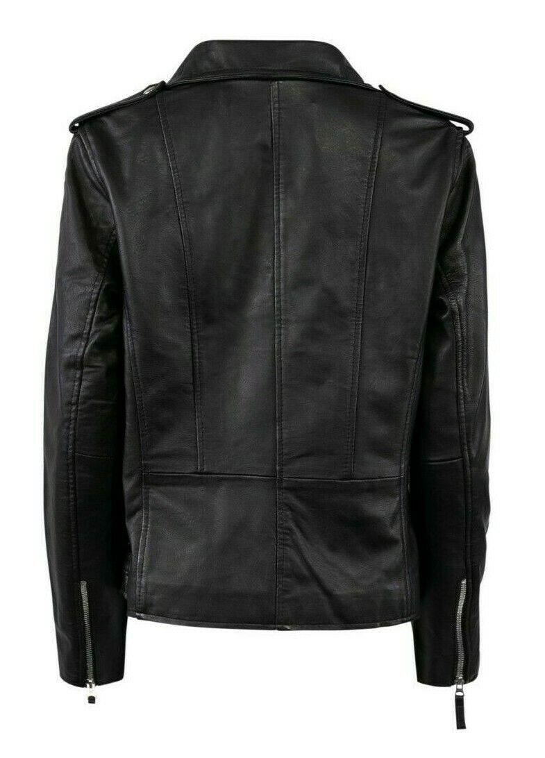 Womens Slim Fit Motorcycle Black Leather Biker Jacket - LuxurenaMall