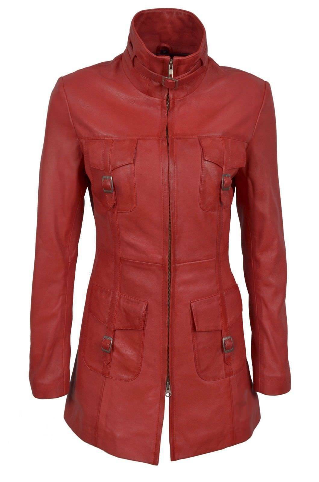 Womens Vintage Red Leather Long Trench Coat - LuxurenaMall