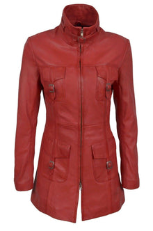 Womens Vintage Red Leather Long Trench Coat - LuxurenaMall