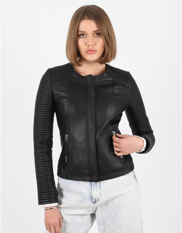 Women's Black Collarless Fitted Leather Jacket