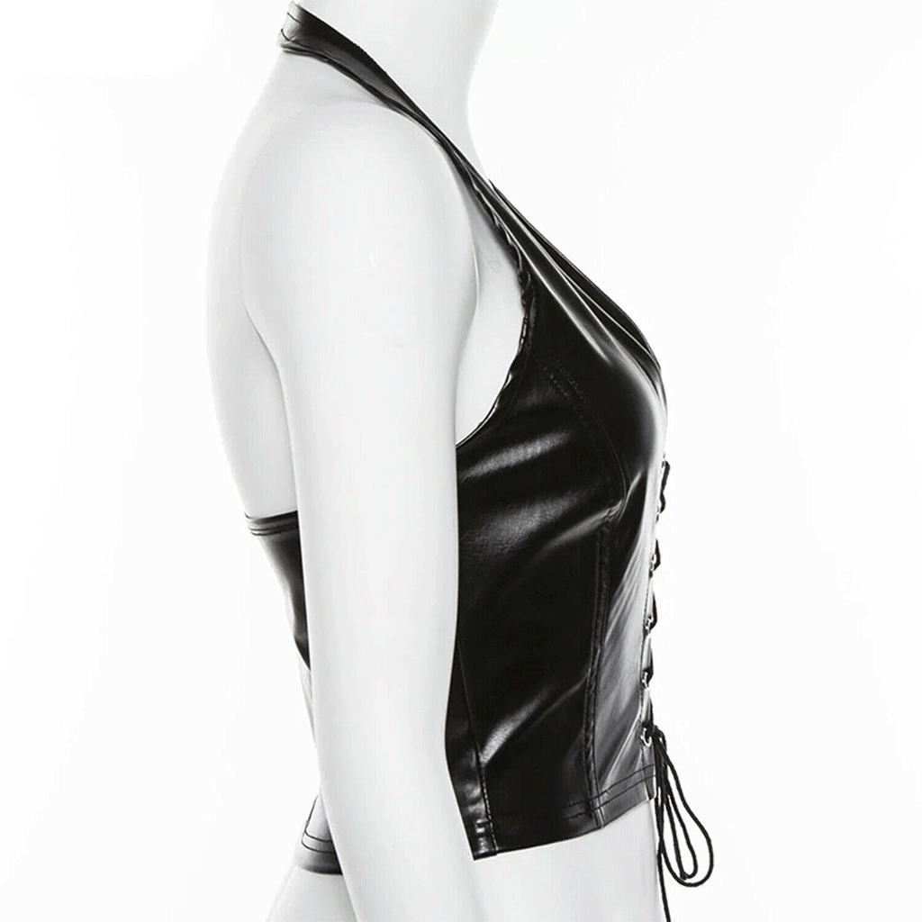 Womens Black leahter Crop tops tank tops Black V-neck laceup Bustier Top - Luxurena Leather