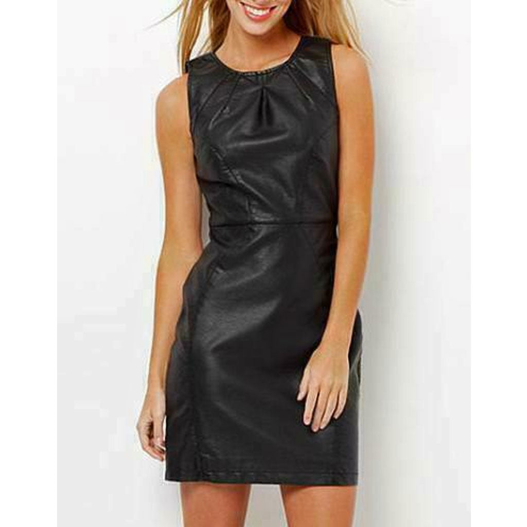 Women's Party Wear Real Leather Cocktail Dress Black leather top Dress - Luxurena Leather