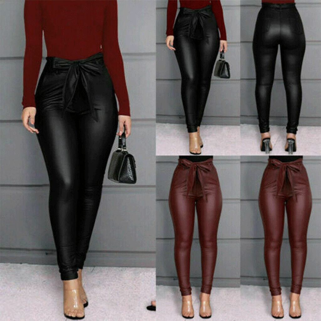 Womens Leggings 100% real Leather Pants High Waist pajamas Skinny Pencil Trouser - Luxurena Leather