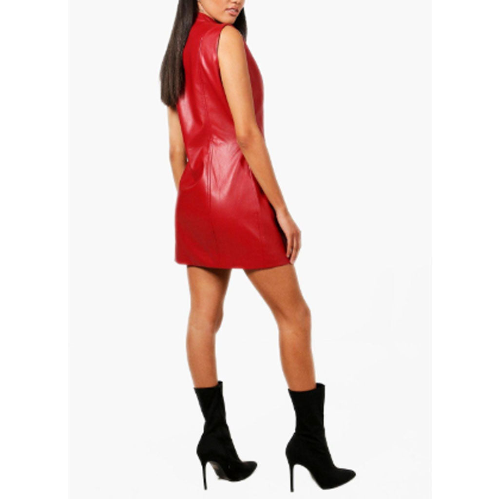 Red Leather Mini Bodycon Dress Full Zipper - Luxurena Leather