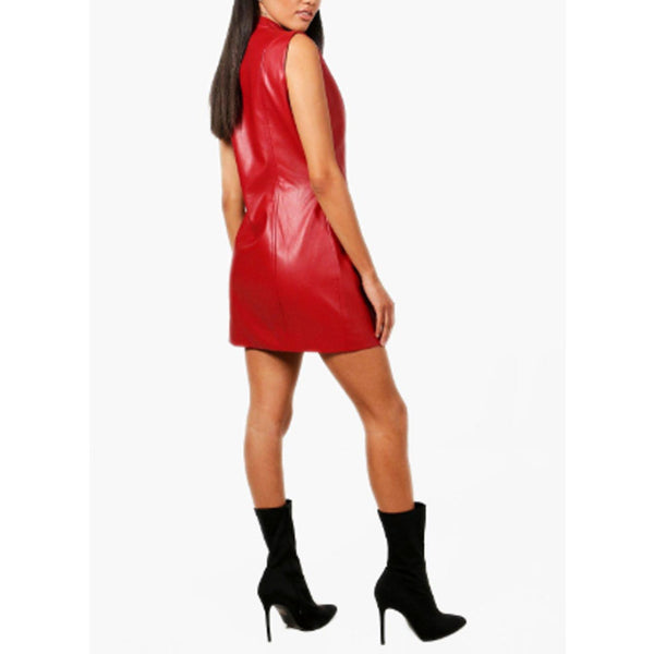 Women's Red Leather Mini Bodycon Dress Full Zipper
