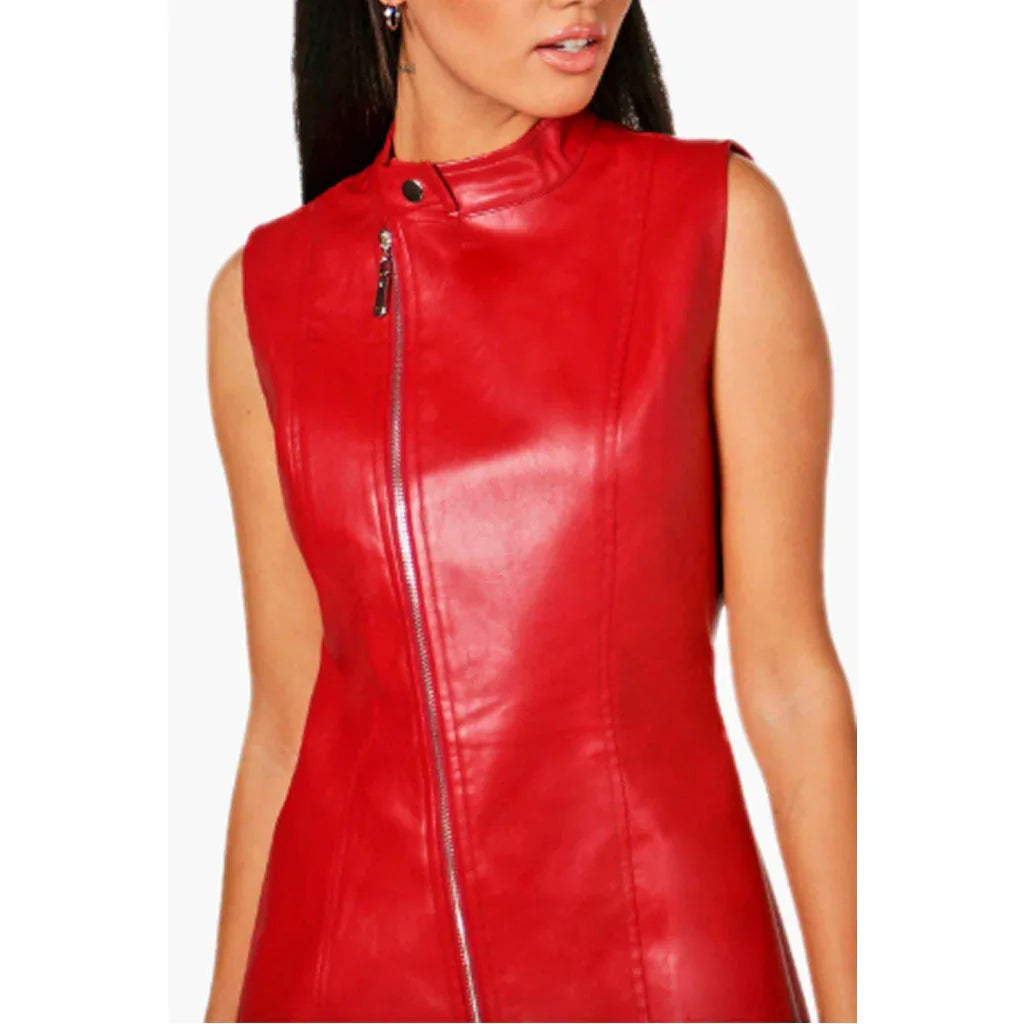 Women's Red Leather Mini Bodycon Dress Full Zipper – Luxurena Leather
