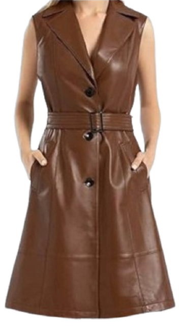 Womens genuine leather Belted Cardigan Coat Lady sleeveless trench coat Jacket