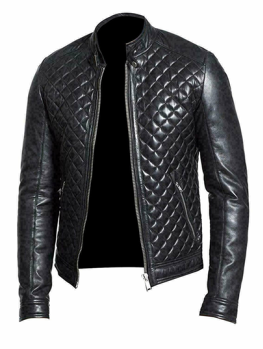 Men's Genuine Leather Cafe Racer Bomber Quilted Motorcycle Biker Black Jacket - Luxurena Leather