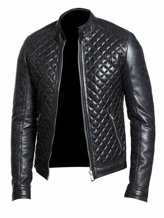 Men's Genuine Leather Cafe Racer Bomber Quilted Motorcycle Biker Black Jacket