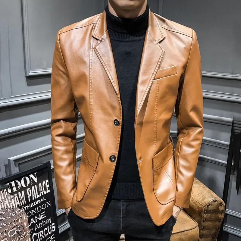 Mens Wedding Casual Formal Dress Blazer Leather Jacket Coat Business Slim Fit