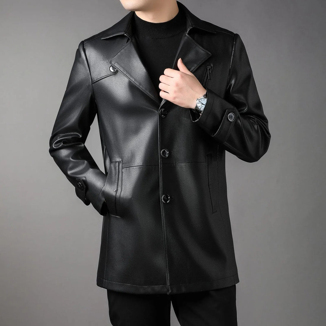 Men's Mid-Length Windbreaker Black Leather Coat