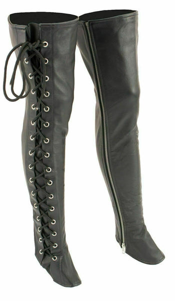 Women New Black Soft Genuine Leather Thigh High Side Laces Leggings Chaps / Real Black Leather Gothic Side Lacing Thigh High Legging Chaps