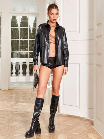 Women Shirt Real Formal Leather Handmade Black Genuine Stylish Casual