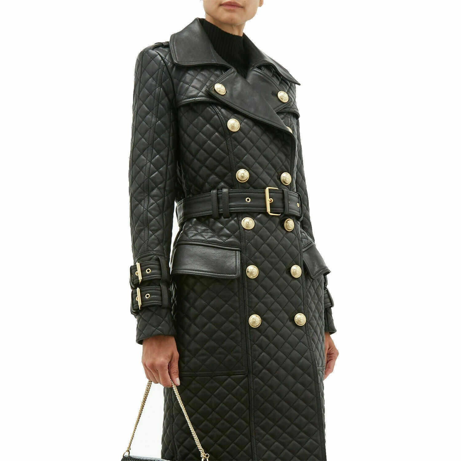 Women Leather Dress Double-breasted quilted leather trench coat Steam Punk Dress, Leather Outfit Dress, Quilted Leather Padded Dress - Luxurena Leather