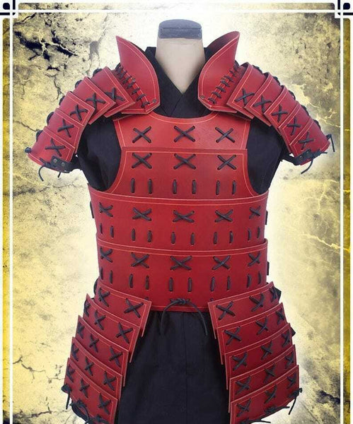 Men's Genuine Leather Medieval Samurai Armor Red and White With Detachable Shoulder Pauldrons & Thigh Armor Tassets For Halloween Theme Cosplay