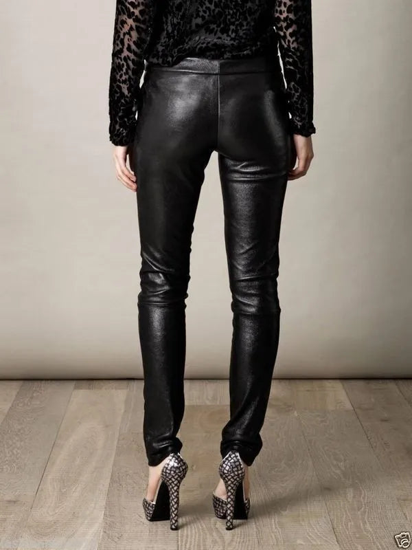 Skinny Leather Pants Women Motorcycle biker Slim fit casual pants Black
