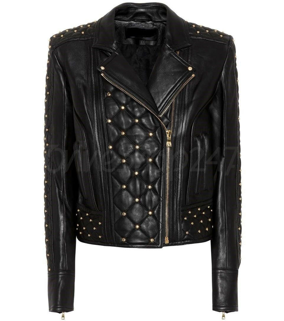 New Woman Balmain Quilted Golden Studded Black Brando Classic Leather Jacket