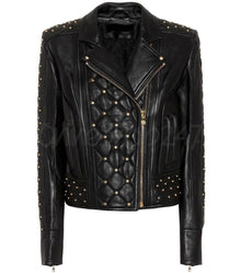 New Woman Balmain Quilted Golden Studded Black Brando Classic Leather Jacket
