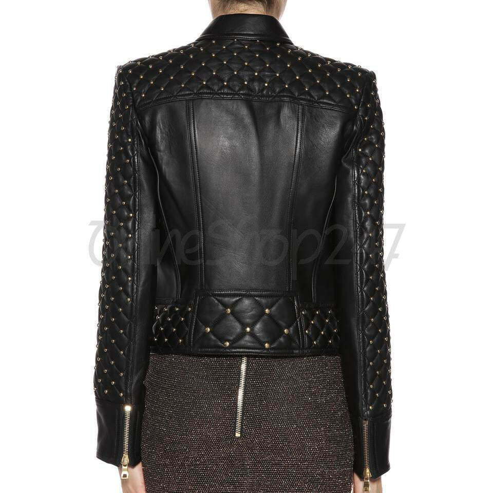 New Woman Balmain Quilted Golden Studded Black Brando Classic Leather Jacket