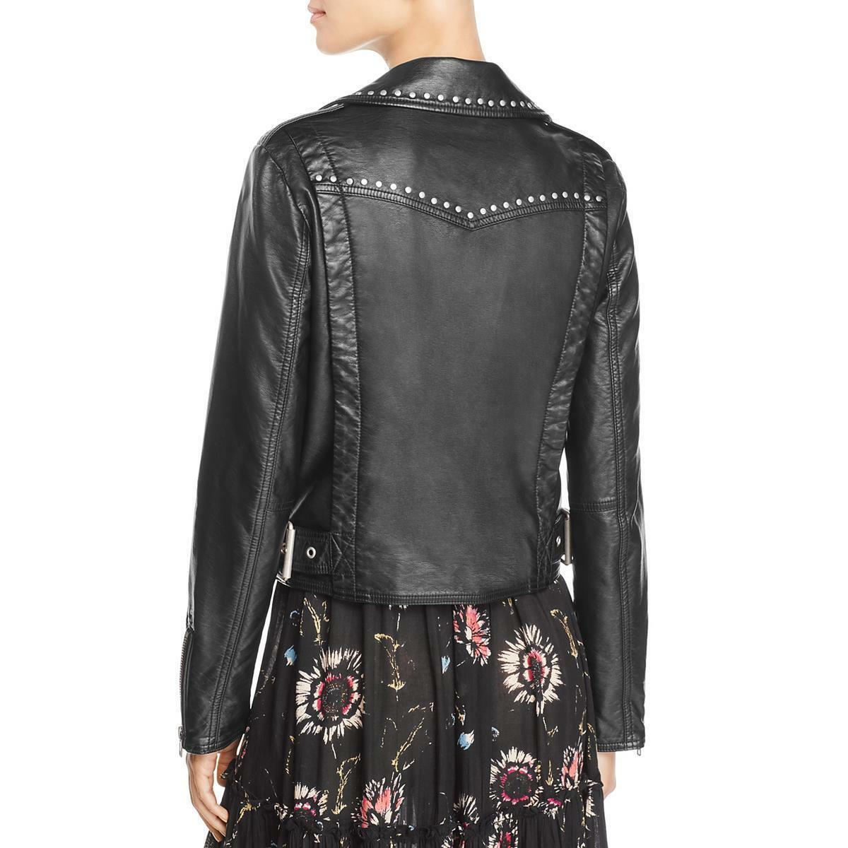 $198 Free People Womens Faux Leather Studded Motorcycle Jacket Black, Large NWOT - Luxurena Leather
