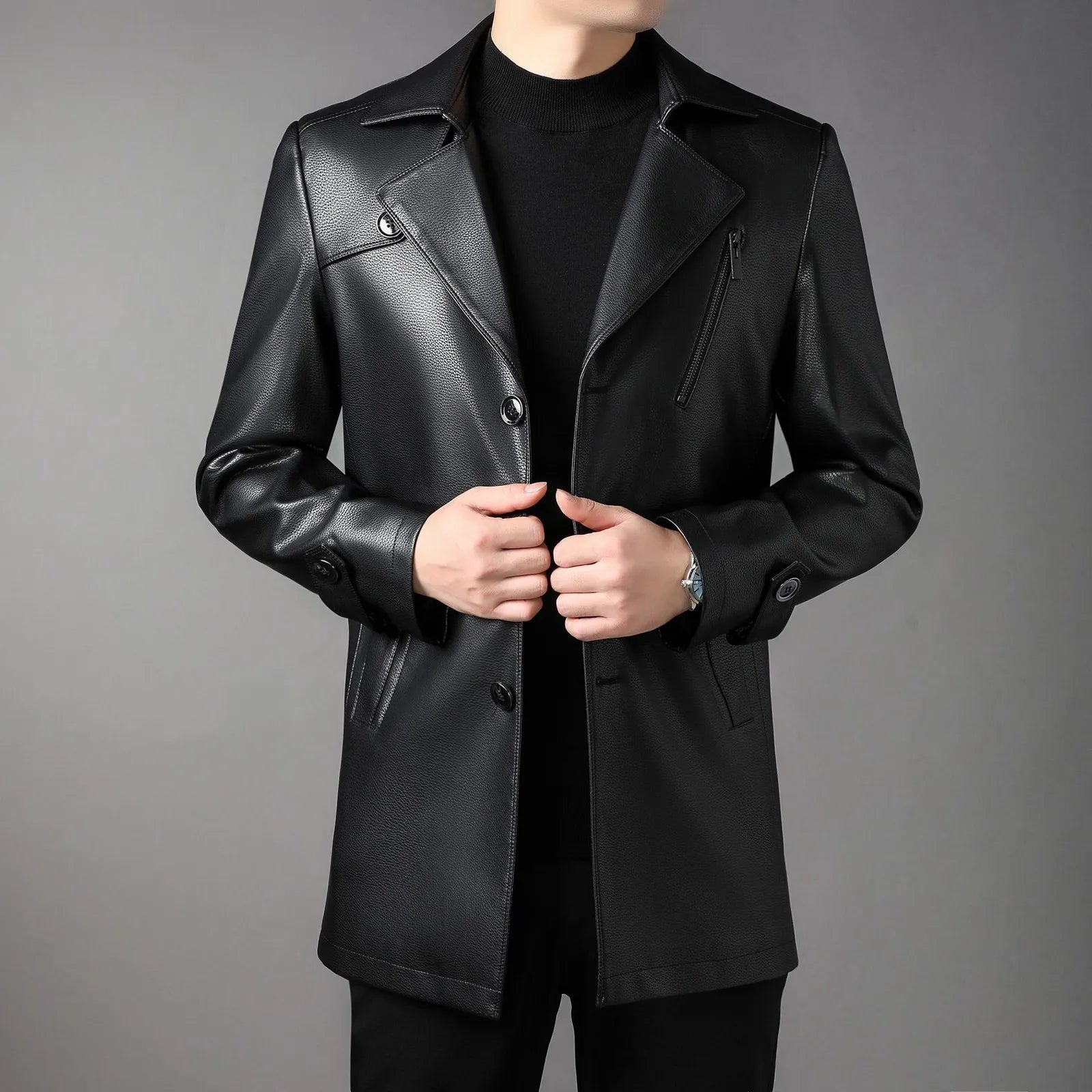 Men's Mid-Length Windbreaker Black Leather Coat