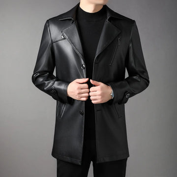 Men's Mid-Length Windbreaker Black Leather Coat
