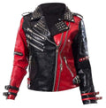 Harley Quinn Jacket Heartless Asylum Studded Biker Black & Red Leather Jacket - Luxurena Leather