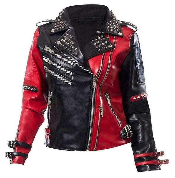 Harley Quinn Jacket Heartless Asylum Studded Biker Black & Red Leather Jacket