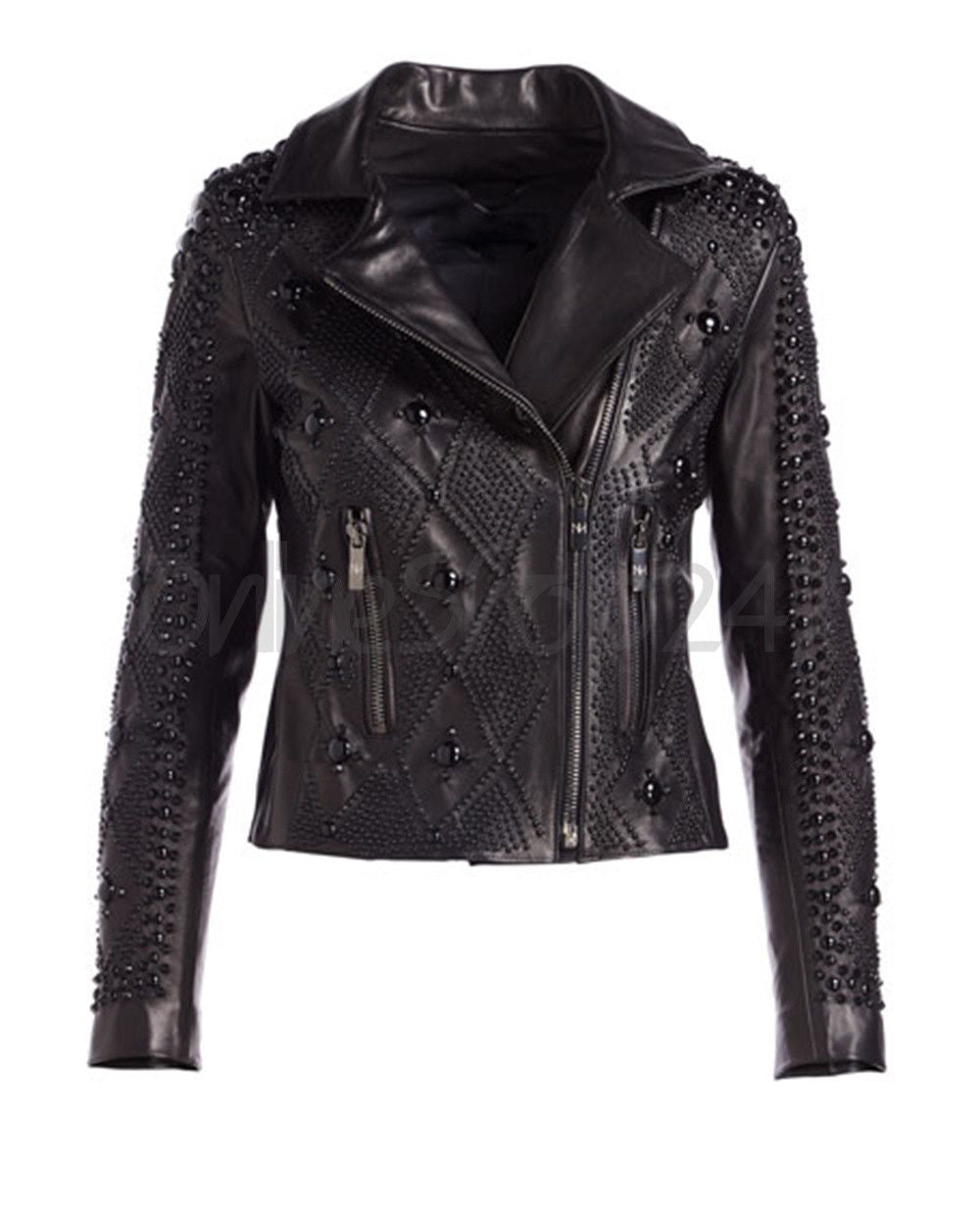 Nour Hammour Woman Leather Jacket Black Tonal Full Studded Designed - Luxurena Leather