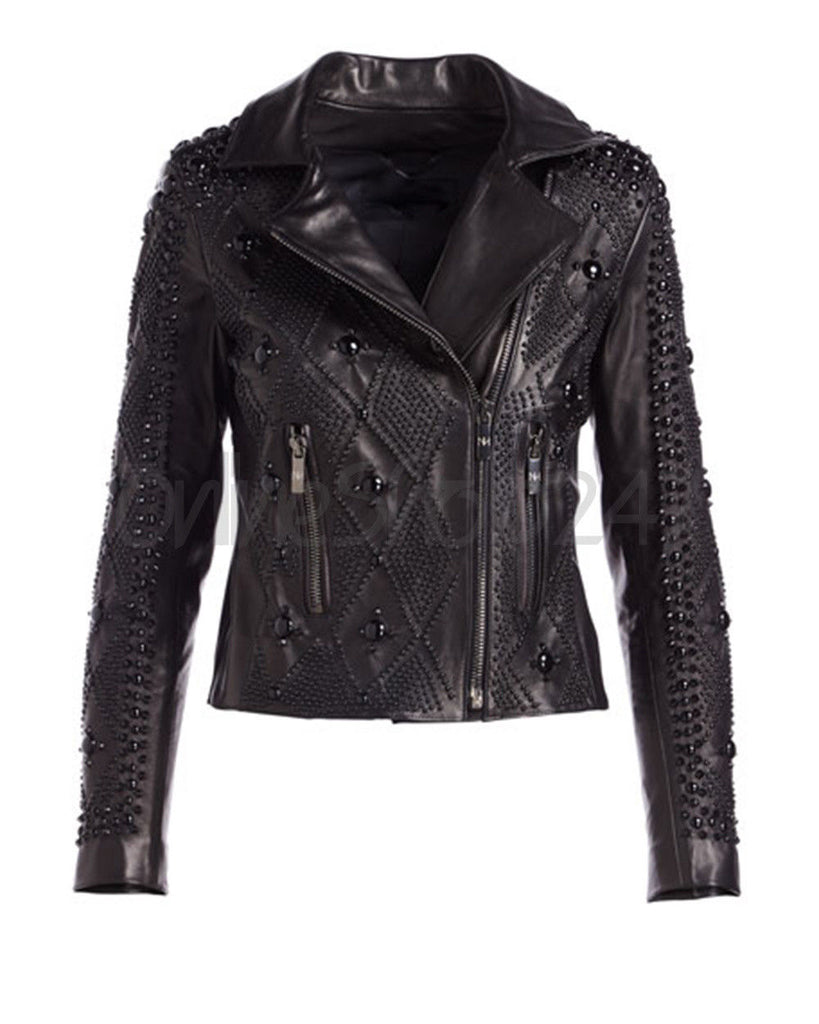 Nour Hammour Woman Leather Jacket Black Tonal Full Studded Designed