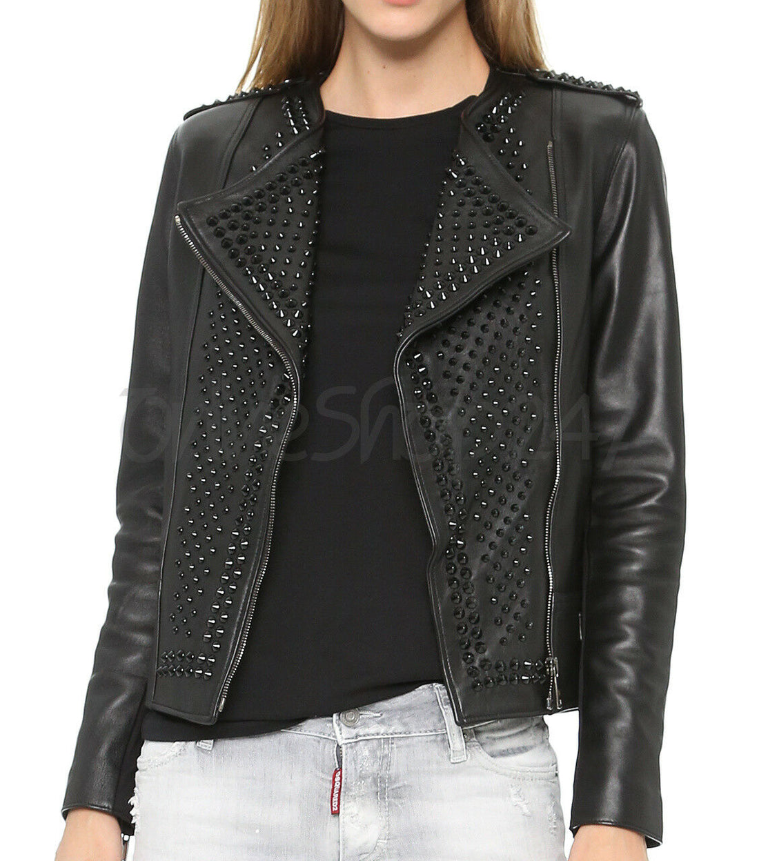 New Women Nour Hammour Black Tonal Spiked Studded Brando Unique Leather Jacket - Luxurena Leather