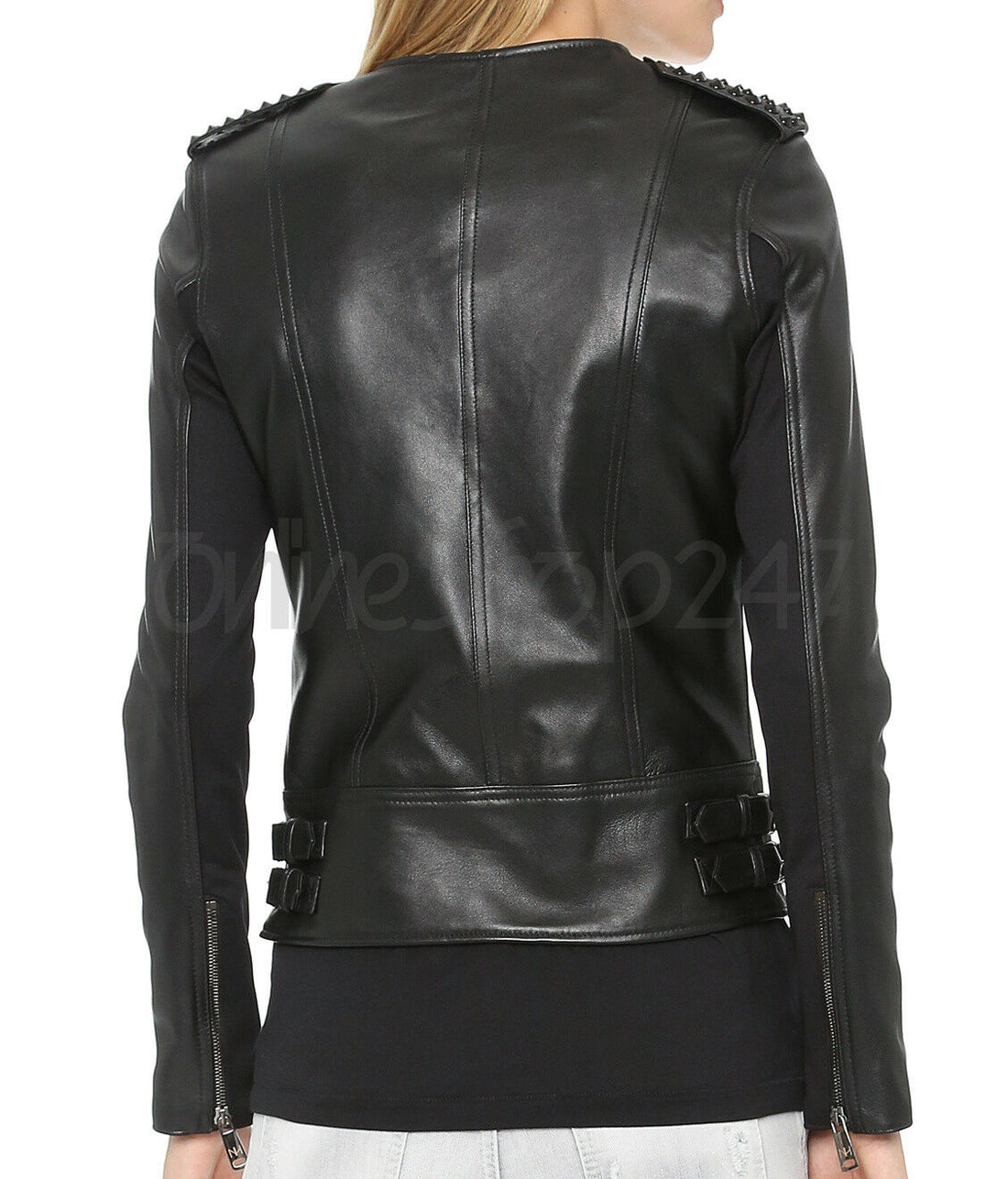 New Women Nour Hammour Black Tonal Spiked Studded Brando Unique Leather Jacket - Luxurena Leather