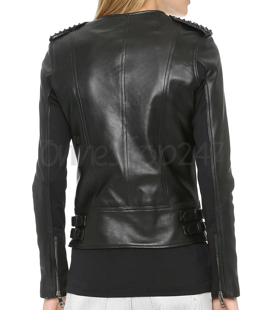 New Women Nour Hammour Black Tonal Spiked Studded Brando Unique Leather Jacket