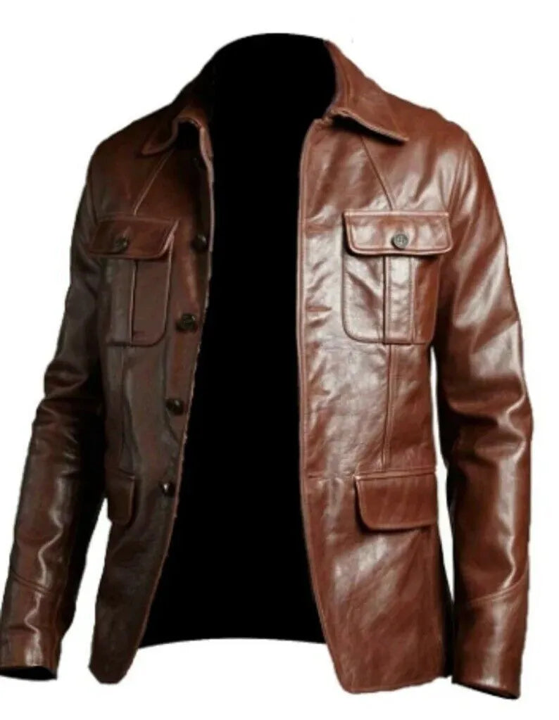 Men's Aged Brown Leather Blazer Coat