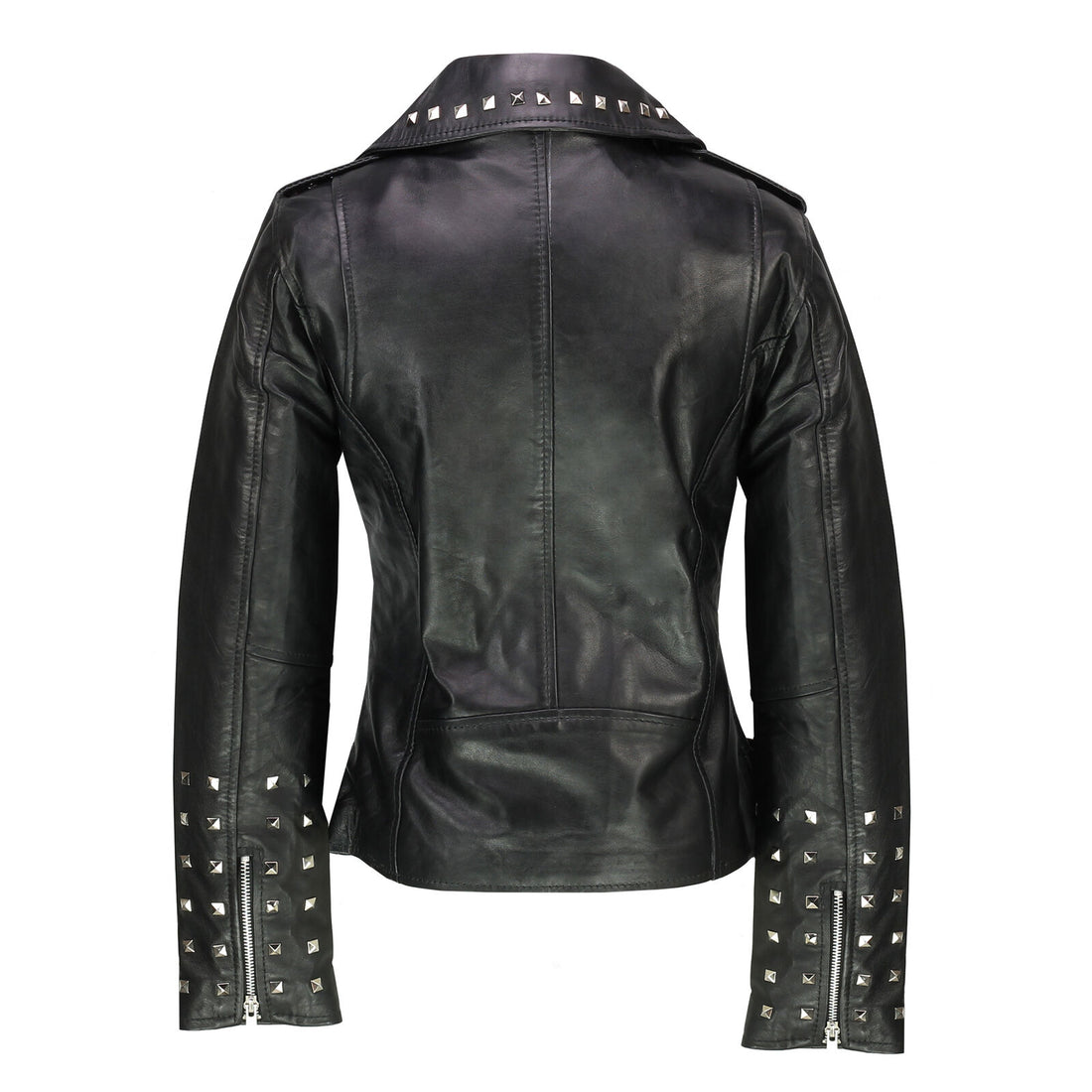 Women's Biker Brando Style Belted Studded Black Leather Jacket - Luxurena Leather