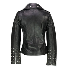 Ladies Women Black Real Leather Studded Biker Brando Style Belted Fitted Jacket