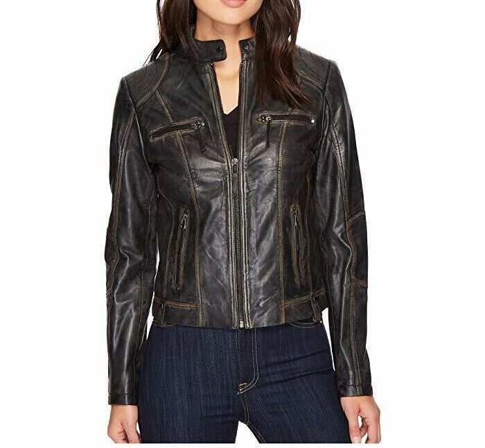 Women Moto Biker Vintage Cafe Racer Distressed Black Real Leather Jacket