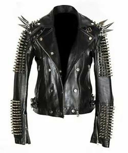 Real Black Leather Spike Jacket Studded Punk Style Cropped Jacket For Club wear
