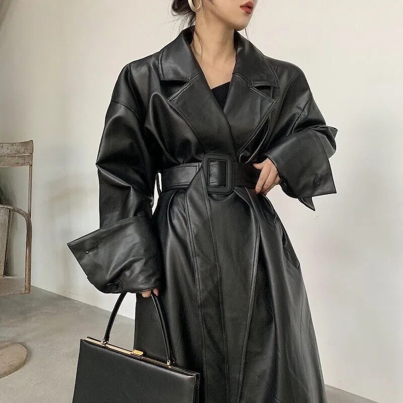 Women's  Long Oversized Black Leather Trench Coat