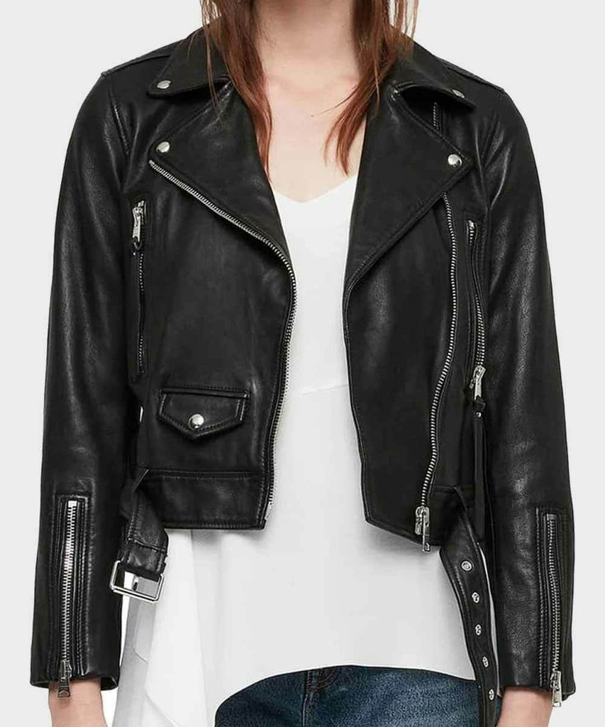 New Women's Ladies Black Slim Fit Biker Style Moto Real Cropped Leather Jacket