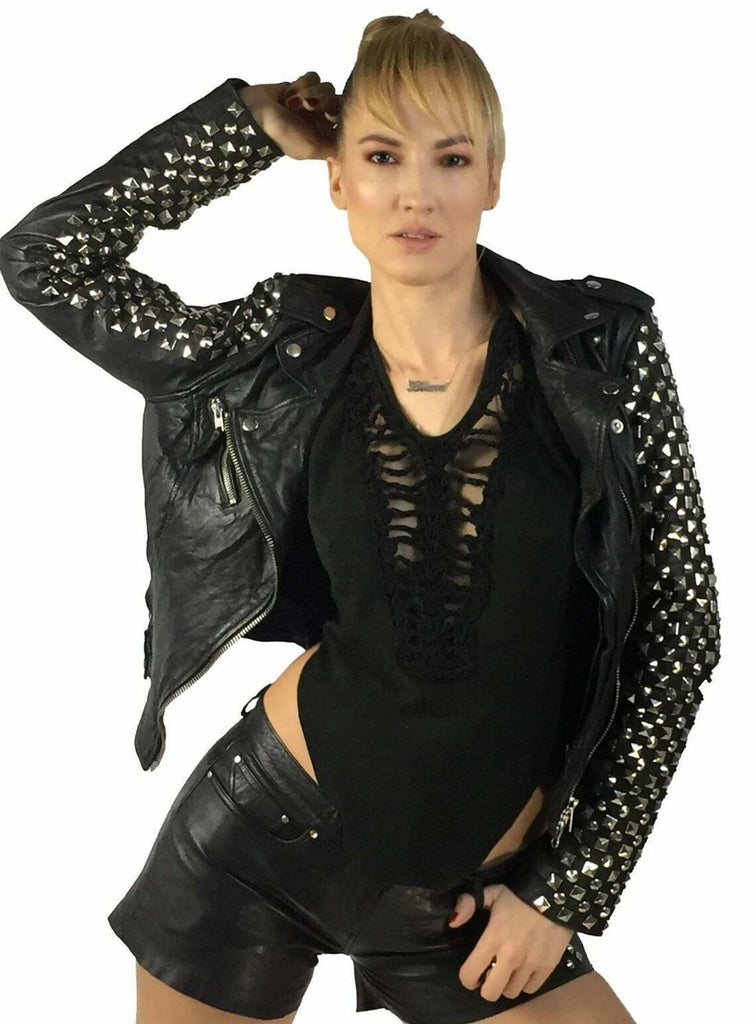 Womens Branded Dome Silver Studded Black Leather Biker Jacket Style Clubwear US