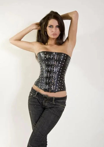 Women's Studded Steel Bones Lace Up Over Bust Black Leather Corset