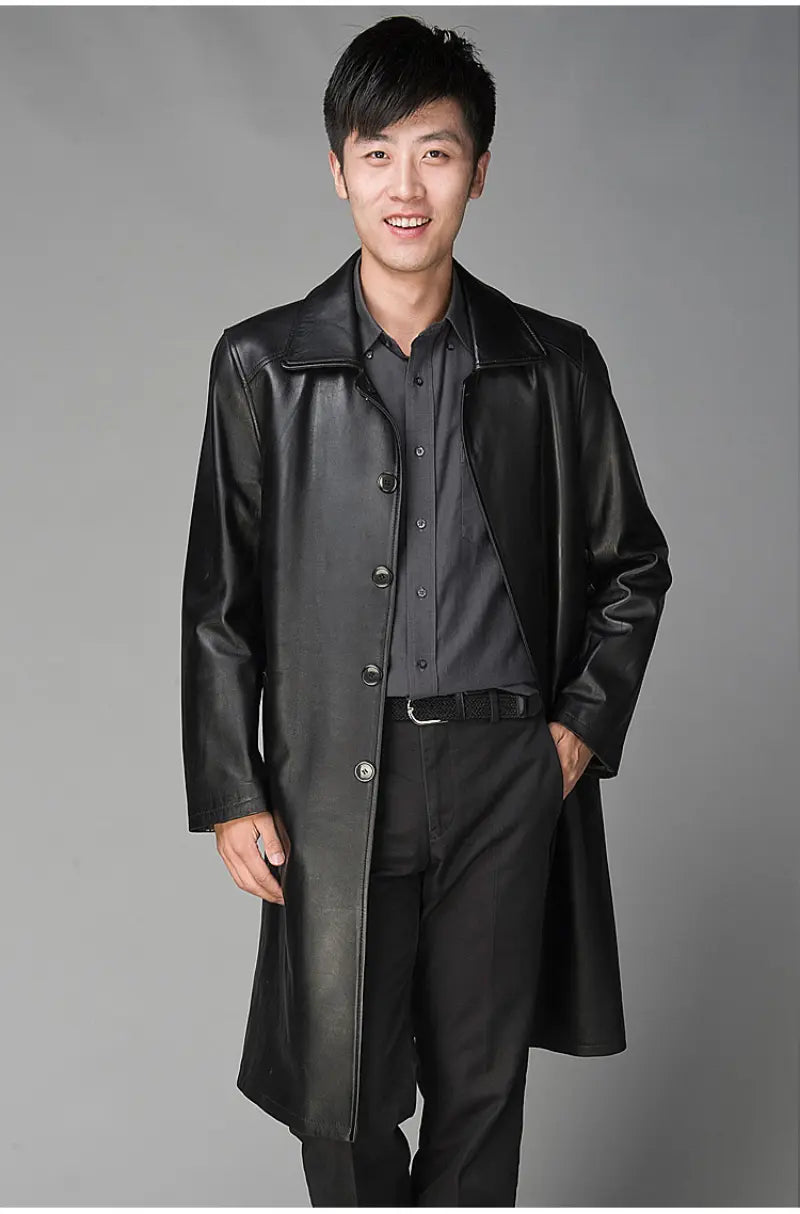 Men's Long Black Leather Trench Coat