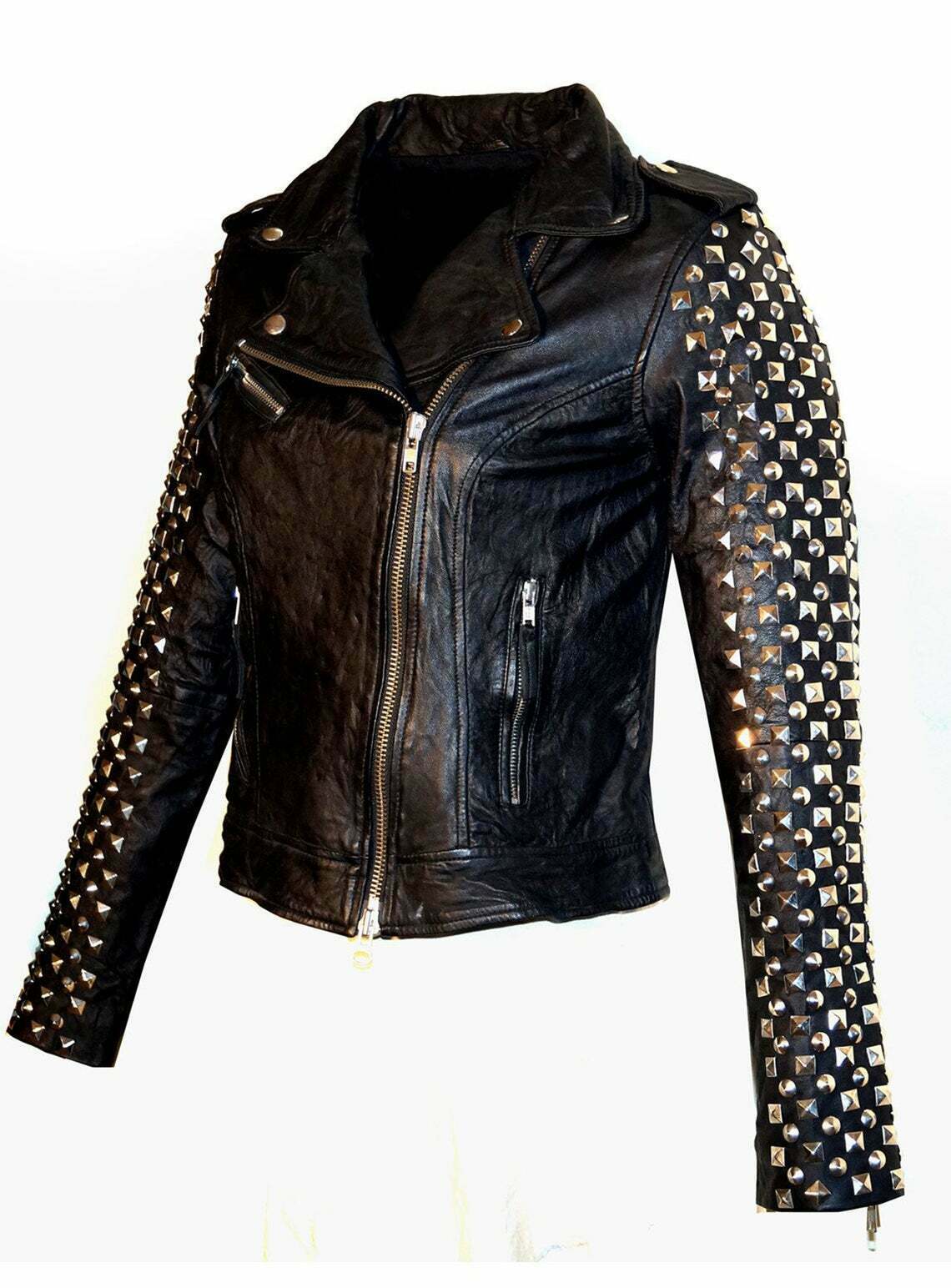 Womens Branded Dome Silver Studded Black Leather Biker Jacket Style Clubwear US - Luxurena Leather