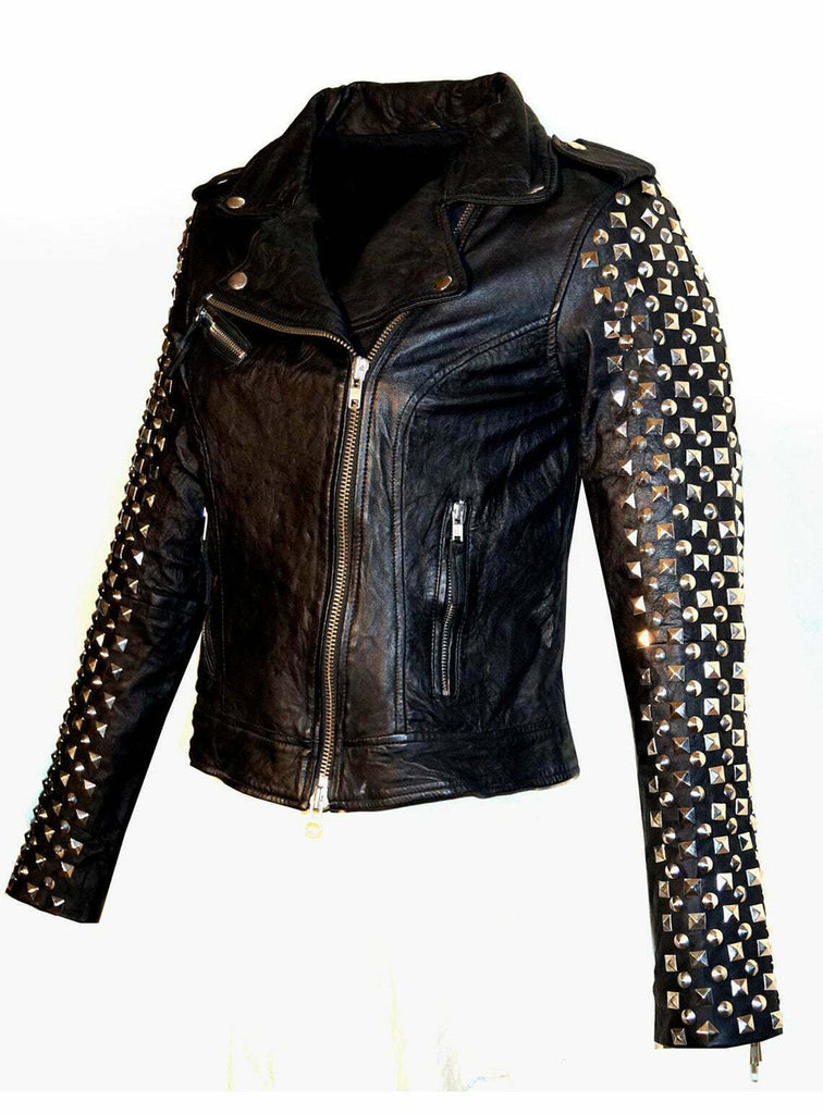 Womens Branded Dome Silver Studded Black Leather Biker Jacket Style Clubwear US