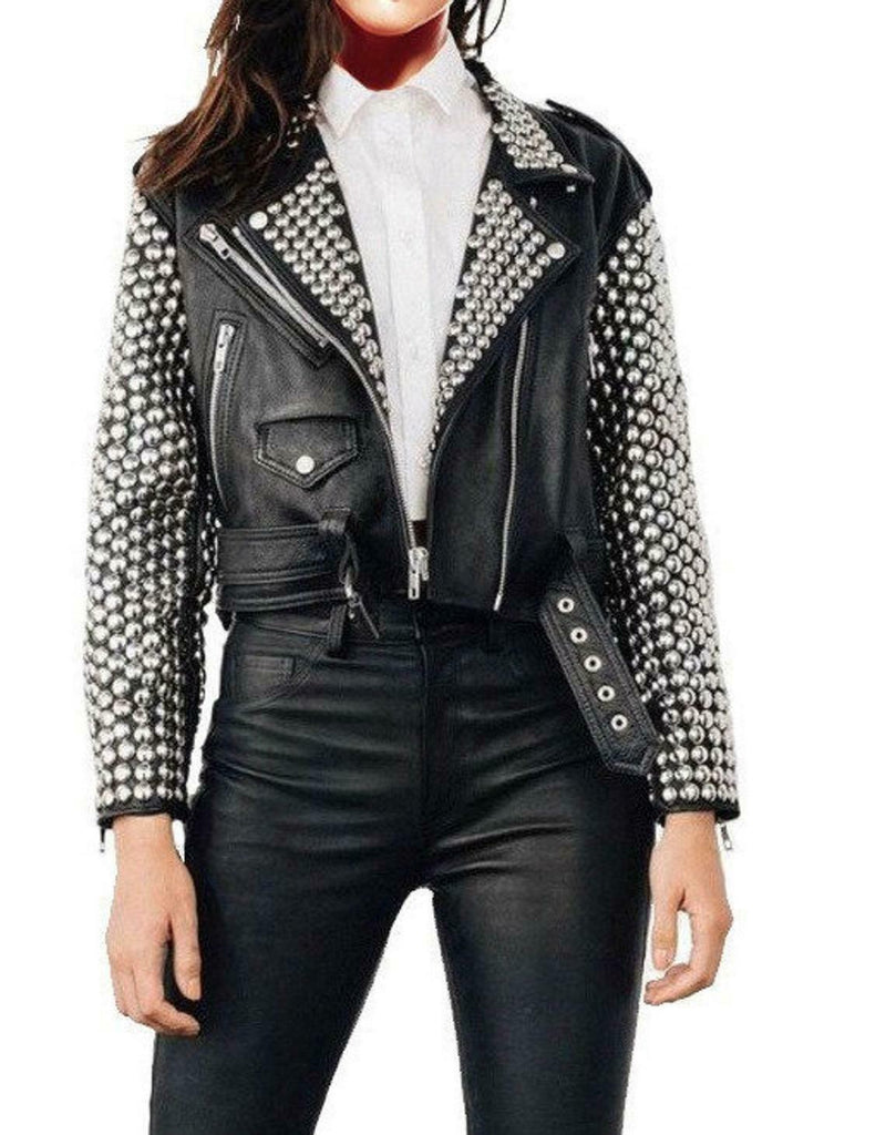 Womens Dome Silver Studded Black Leather Biker Jacket Style Hollywood Celebrity
