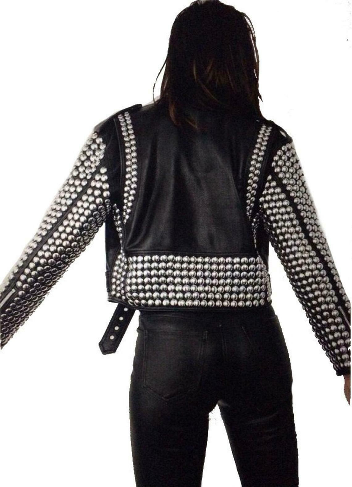 Womens Dome Silver Studded Black Leather Biker Jacket Style Hollywood Celebrity - Luxurena Leather